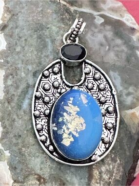 Handcrafted OPALITE, Sea Opal, Glass Artisan Silver-Tone Blue Oval Opal Pendant